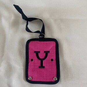 Thirty One Luggage Tag in Bright Pink personalized with Y in bold black